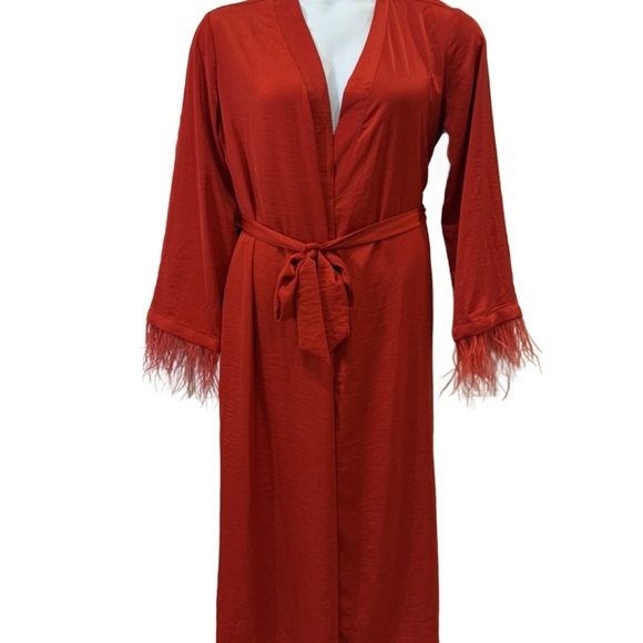 Auden Satin Red Women's Robe with Feather Sleeves, size Small - Picture 7 of 7